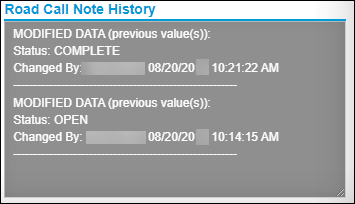 The Road Call Note History pane showing two actions.