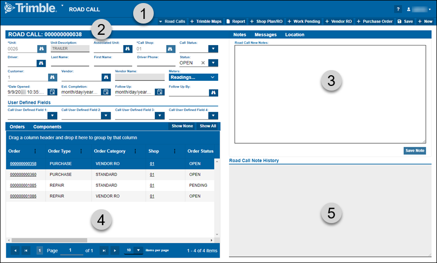 The Road Call page with numbers marking the different sections