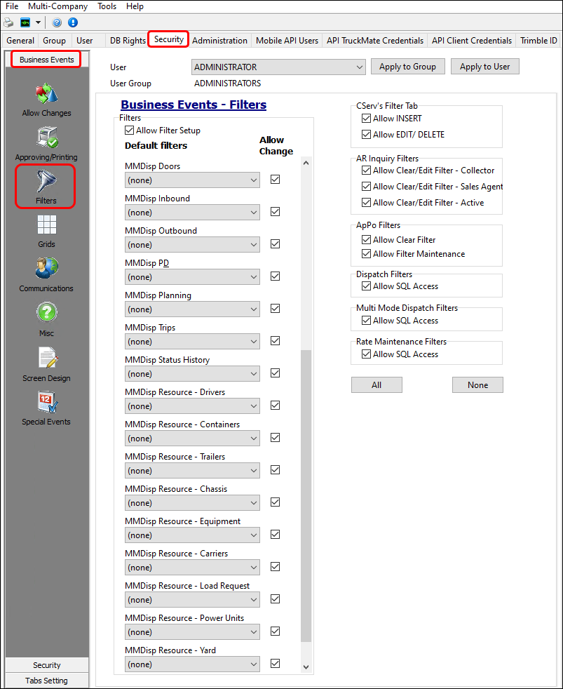 The Multi Mode Dispatch business event filters.