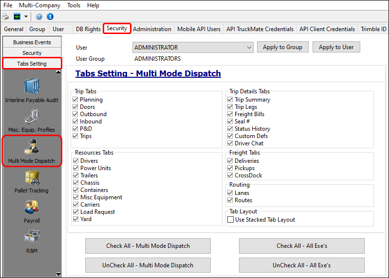 The tabs settings for Multi Mode Dispatch.