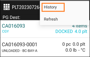 A menu in a pallet group screen with the History option emphasized."