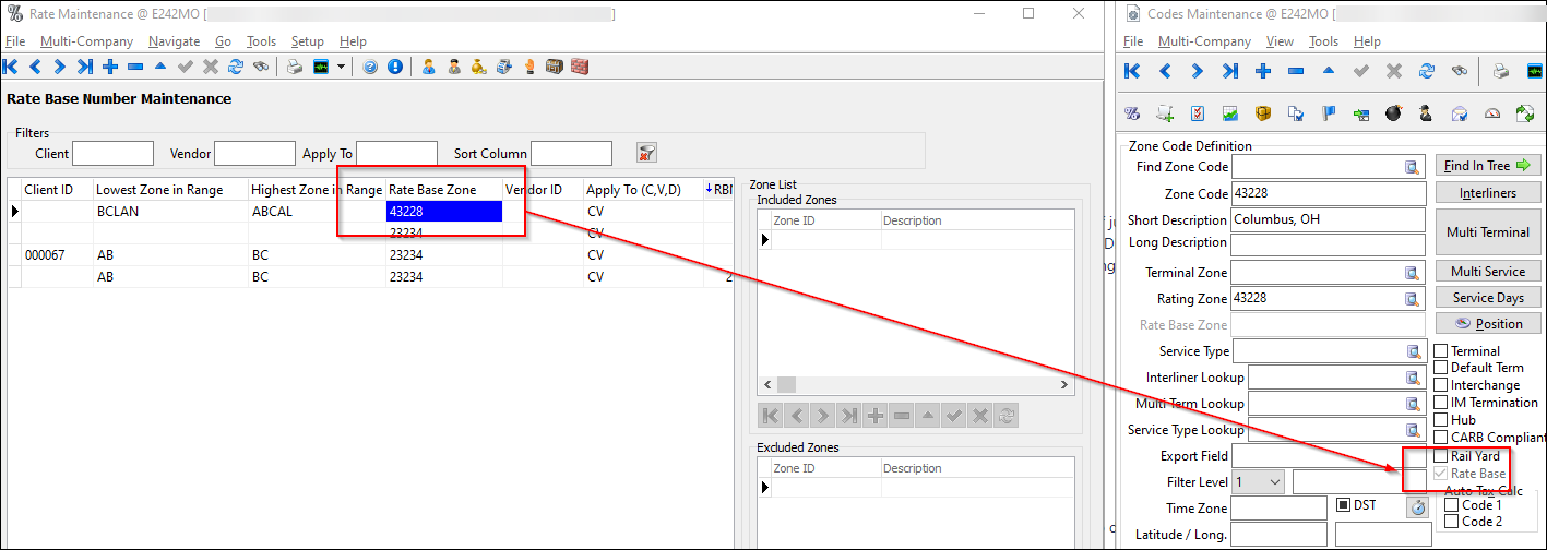 A zone code with the Rate Base checkbox selected.