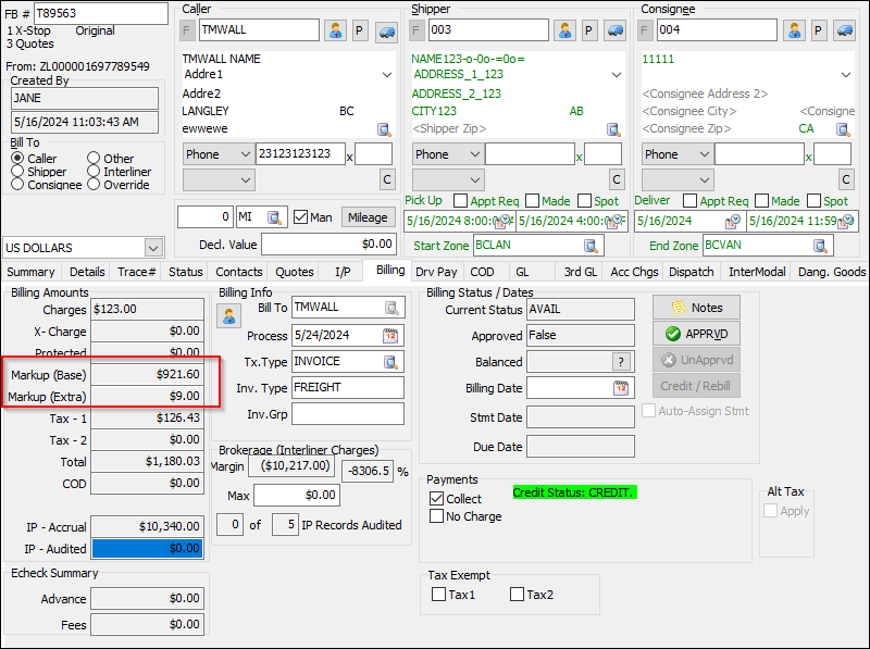 The Billing tab with the Markup (Base) and Markup (Extra) fields emphasized.