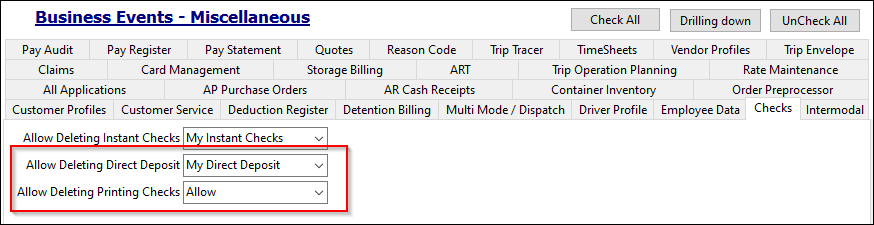 The Allow Deleting Direct Deposit and Allow Deleting Printing Checks business events.