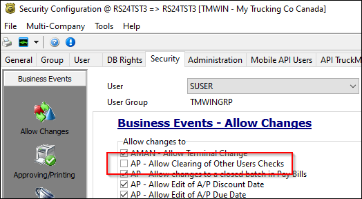 The Allow Clearing of Other Users Checks business event.