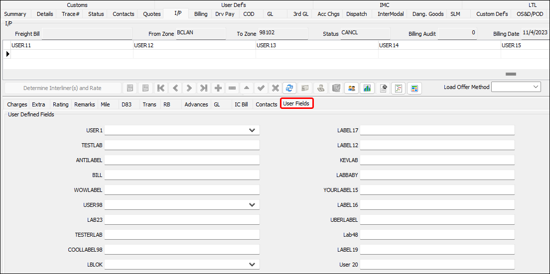 The IP tab in Customer Service with its User Fields subtab emphasized.