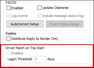 The Pacos options section with the Driver Match on Trip Start section emphasized.