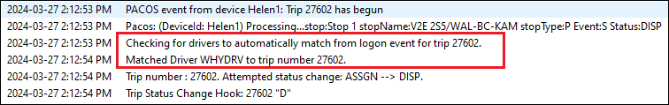 An event log showing the system checking for and matching a driver to a trip.