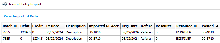 The Journal Entry Import window showing a grid of imported data.