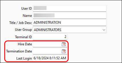 The Hire Date, Termination Date, and Last Login fields.