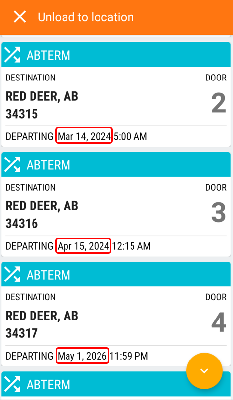 The Unload to location screen with the departure dates emphasized."