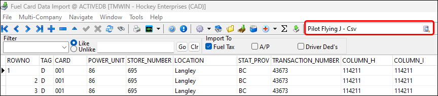 A grid with data from a Pilot Flying J CSV.