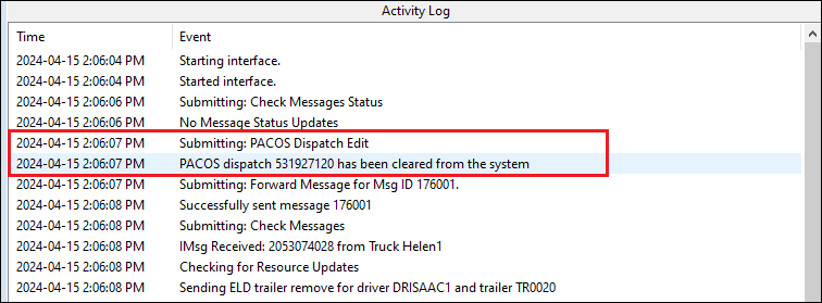 An activity log showing a PACOS dispatch being cleared.