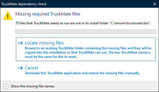 A warning message showing that files are missing with the option to locate missing files.