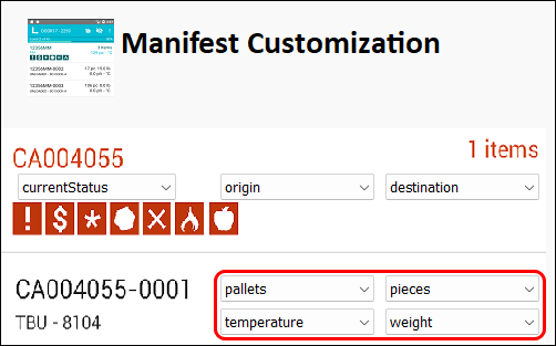 The Manifest Customization page with the fields appearing in this order: pallets