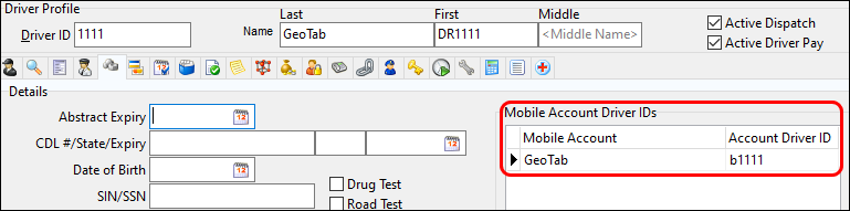 A driver profile with the Mobile Account Driver IDs section emphasized.
