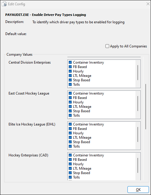 The Enable Driver Pay Types Logging app config.