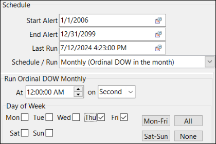 The Schedule pane with Monthly (Ordinal DOW in the month) selected.