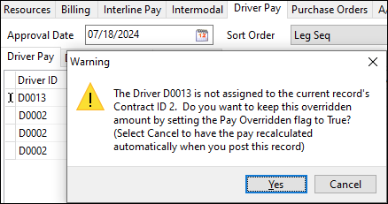 The driver not assigned to contract ID warning message.