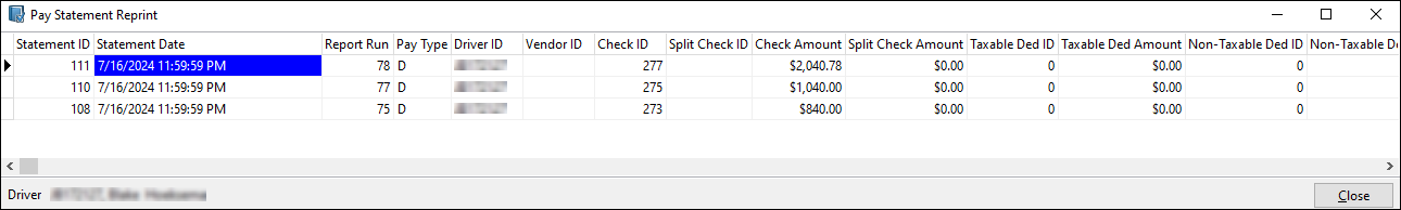 The Pay Statement Reprint window.