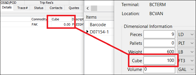 A barcode item with an old and a new cube value.