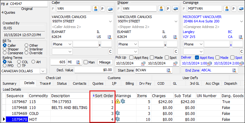 The Sort Order column with four freight bills posted.