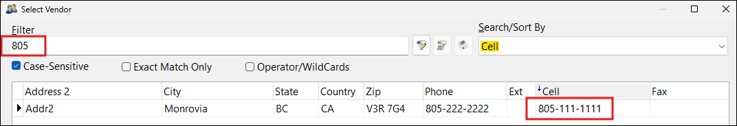 The Select Vendor window with the Cell column emphasized.