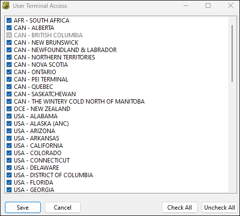 The User Terminal Access window.