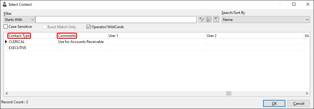 The Select Contact window with the Contact Type and Comments columns emphasized.
