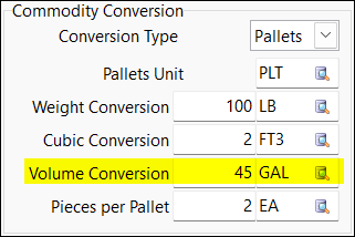 The Commodity Conversion pane with the Volume Conversion field emphasized.