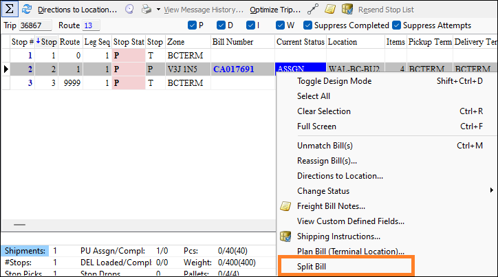 The Freight Bills tab with the Split Bill option emphasized.