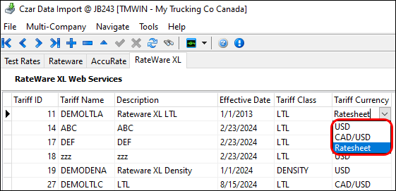 The Tariff Currency column showing the three Ratesheet options.