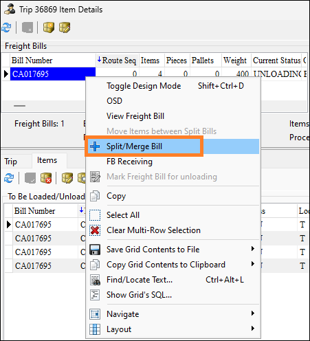 The Trip Item Details window with the Split/Merge Bill option emphasized.