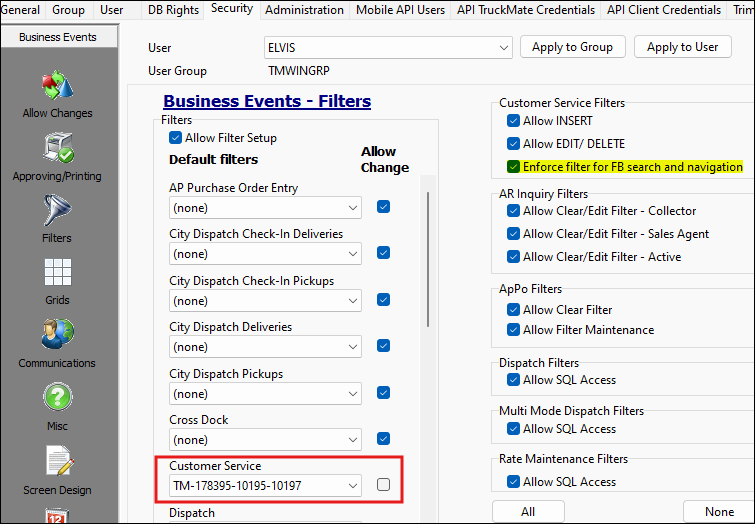 The Business Events - Filters pane.