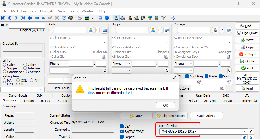 A warning that says: This freight bill cannot be displayed because the bill does not meet filtered criteria.