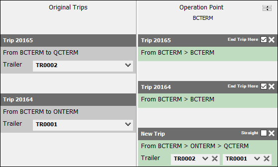 Two original trips ending. Their trailers appear on a new trip in an Operation Point column.