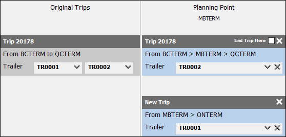 One original trip has its trailers split between itself and a new trip in a Planning Point column.