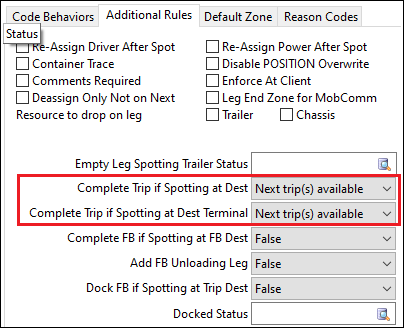 The status code settings window. Complete Trip if Spotting at Dest and Complete Trip if Spotting at Dest Terminal are set to "Next trip(s) available."