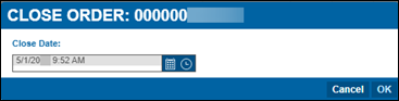 The Close Order window in Shop Planner without a meter field