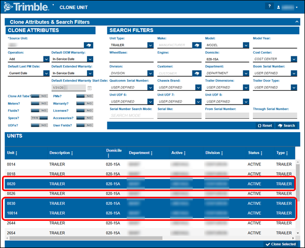 The Clone Unit page with three destination unit rows selected