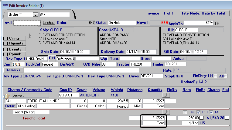 Edit Invoice Folder - Freight Total