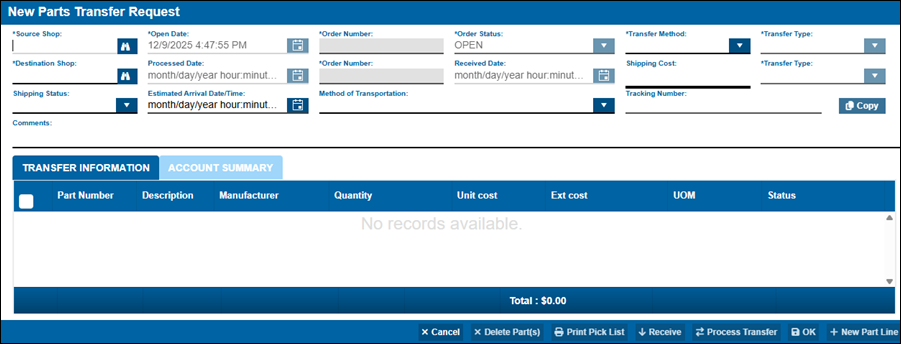 The New Parts Transfer Request window. It has fields where you can specify information about parts transfer