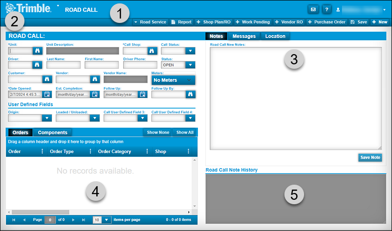 The Road Call page with numbers marking the different sections
