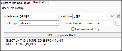 An editpick field with favourite power unit as the label and an SQL query.