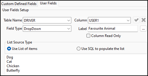 A dropdown user field with list of values with favourite animal as a label.