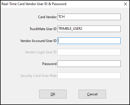 The Real-Time Card Vendor User ID & Password window.