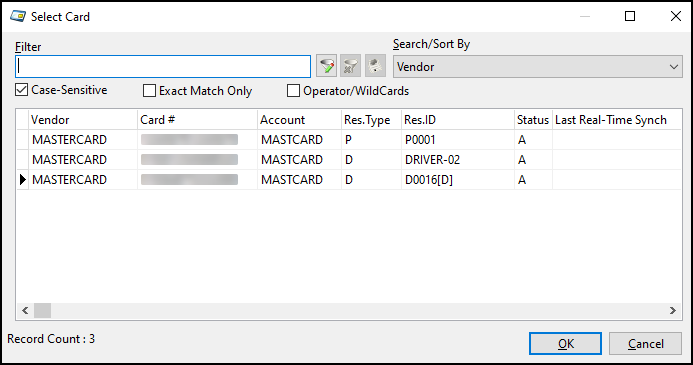 The Select Card window.