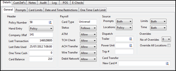 The TCH subtabs of the Details tab.