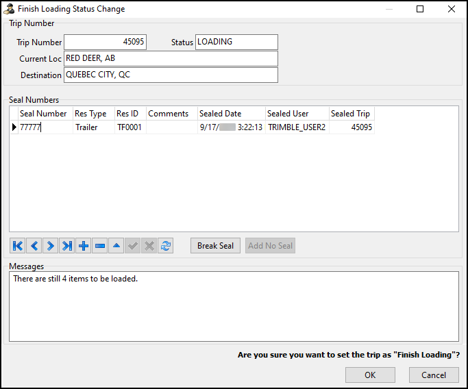 The Finish Loading Status Change window.