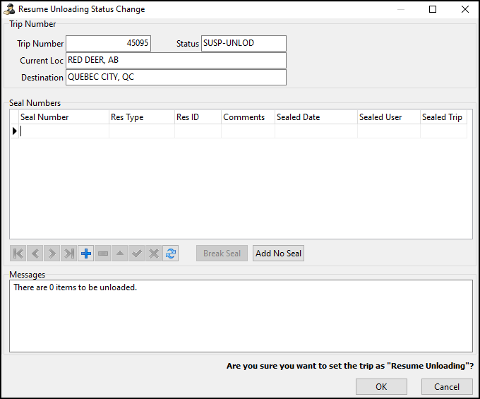 The Resume Unloading Status Change window.